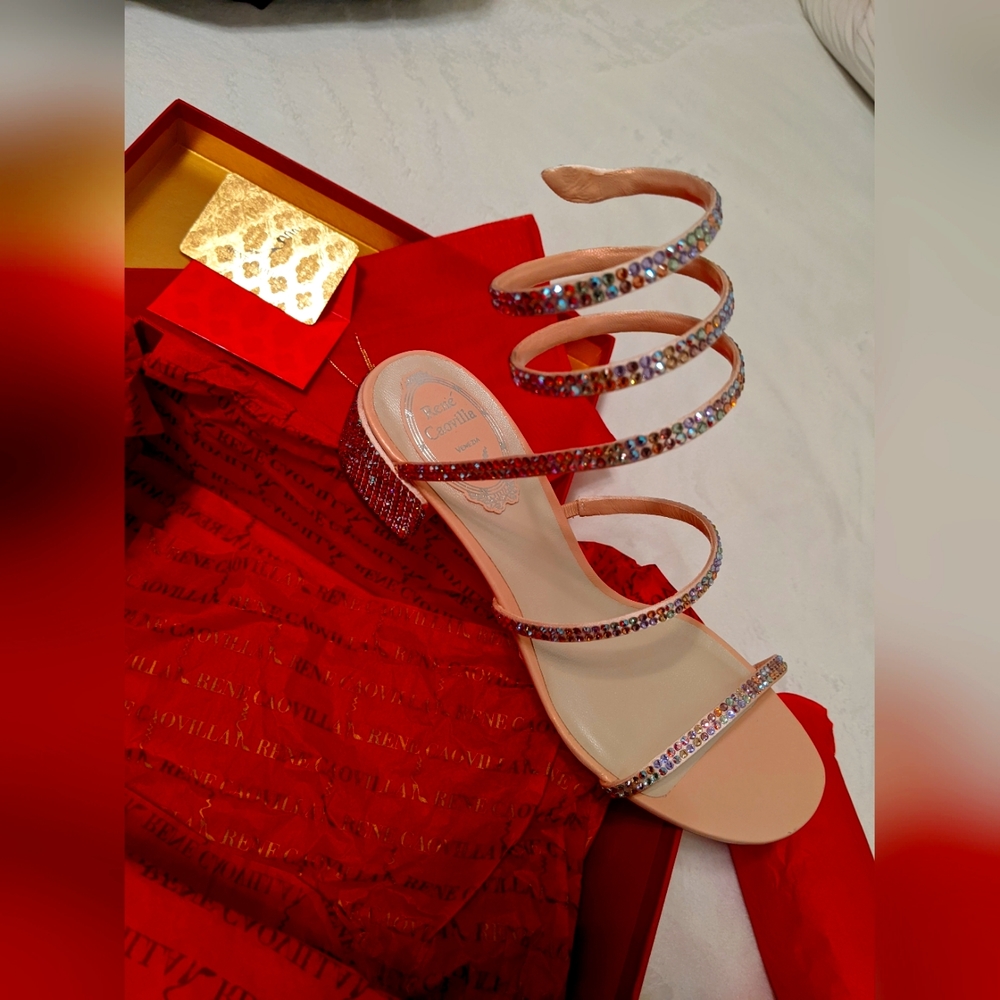 Rene Caovilla flat elegant Cleo crystal sandals pink multicolored Size 37.5